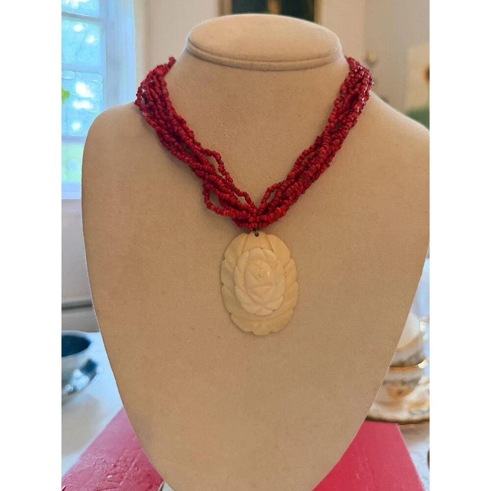 Vintage Red Multi Strand Beaded Necklace | Hand Carved Floral Pendant, Boho Stat